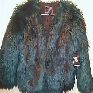 Guess Faux Fur Jacket in Teal and Brown